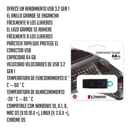Memoria Usb Kingston Datatraveler Exodia 64gb Usb A Negro