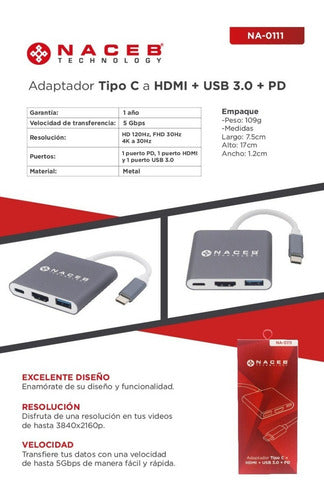 Naceb Hub Usb 3.0 Macho Usb 3.2 Hdmi Usb C Hembra Grisblanco