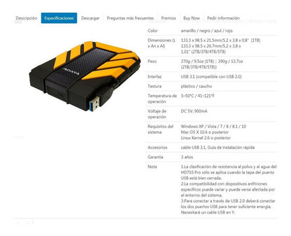 Adata Disco Duro Externo Hd710 1tb Amarillo